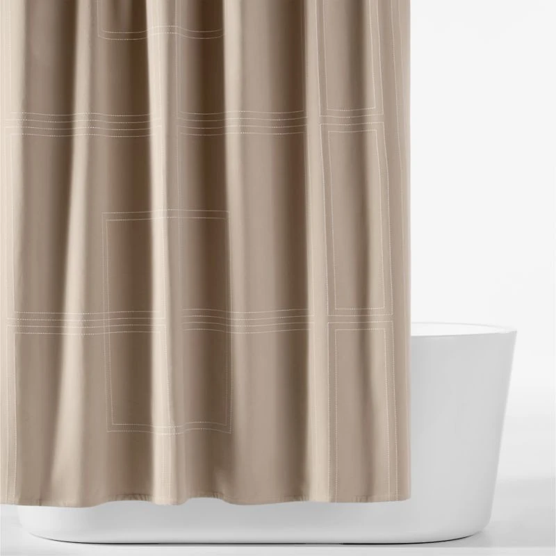 Organic Cotton Sateen Embroidered Taupe and Bright White Shower Curtain