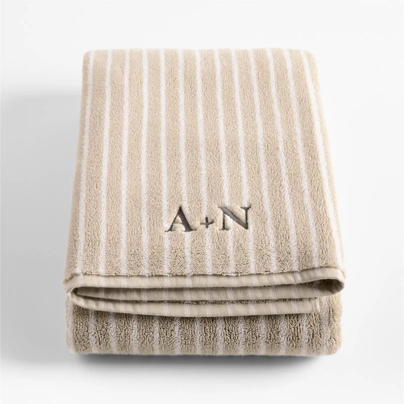 Organic Turkish Cotton Sand Beige and Crisp White Stripe Bath Sheet