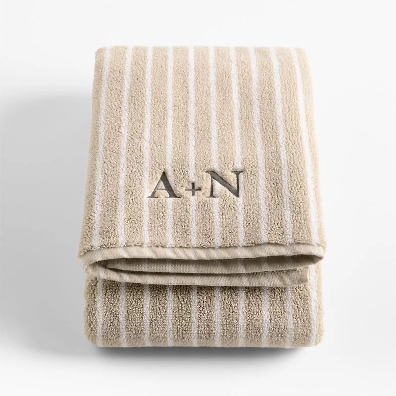 Organic Turkish Cotton Sand Beige and Crisp White Stripe Bath Towel