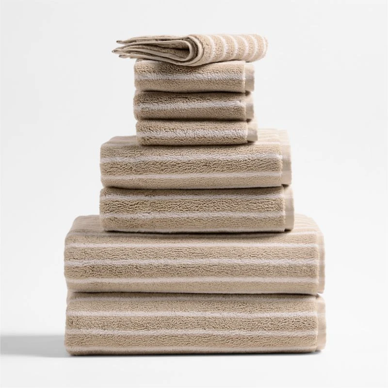 Organic Turkish Cotton Sand Beige and Crisp White Stripe Bath Towels
