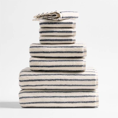 Organic Turkish Cotton Pampas Ivory and Evening Blue Stripe Bath Towels