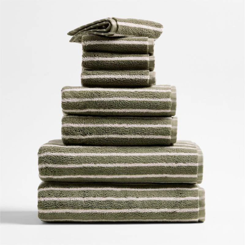 Organic Turkish Cotton Shadow Sage and Pampas Ivory Stripe Bath Towels