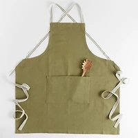 Oslo Cross-Back Green Linen-Organic Cotton Apron with Pocket