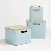 Outline Cloud Blue Medium Metal Storage Bin with Wood Lid