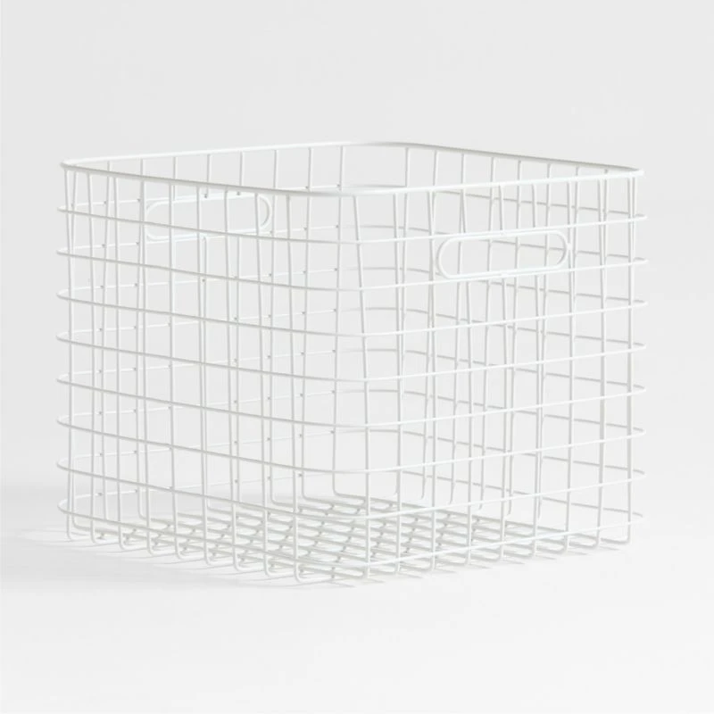 Outline White Large Wire Metal Floor Storage Bin with Wood Lid