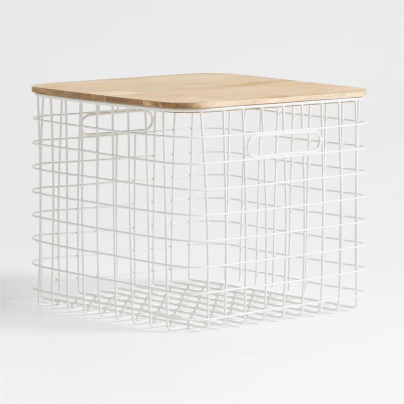Outline White Large Wire Metal Floor Storage Bin with Wood Lid