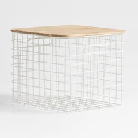 Outline White Large Wire Metal Floor Storage Bin with Wood Lid