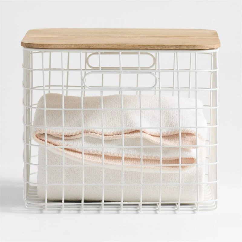 Outline White Large Wire Metal Floor Storage Bin with Wood Lid