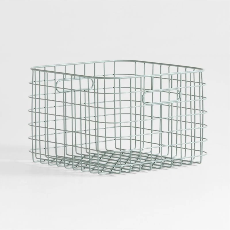Outline Sage Medium Wire Metal Floor Storage Bin with Wood Lid