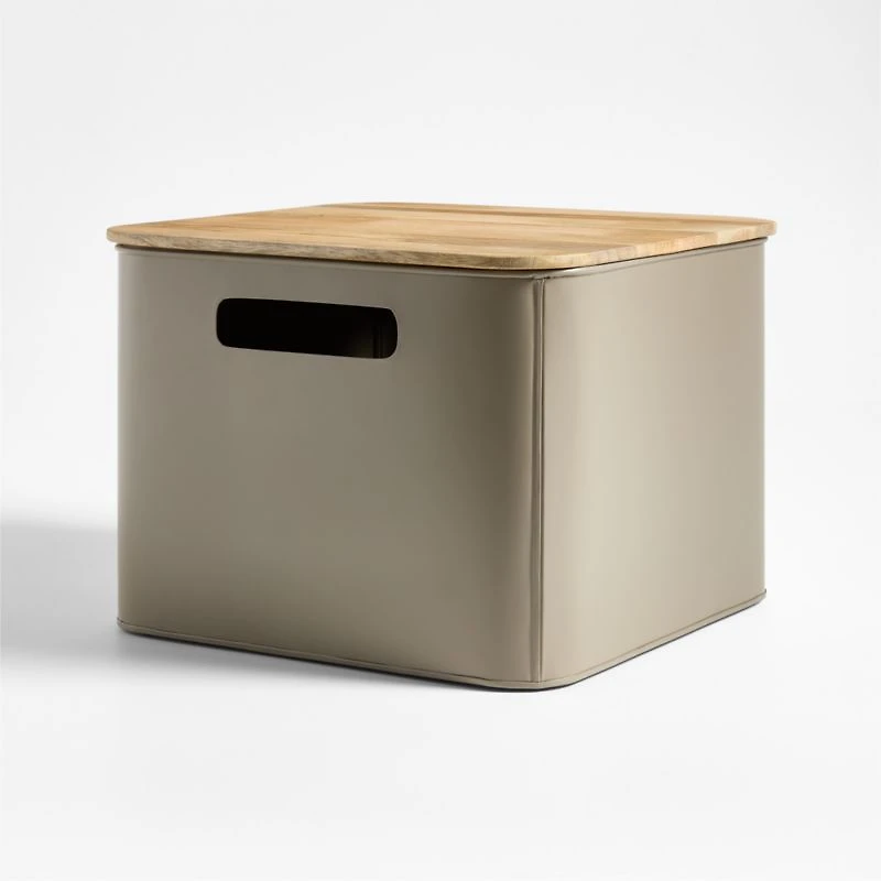 Outline Clay Brown Medium Metal Storage Bin with Wood Lid