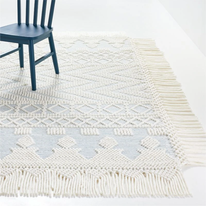 Pompom Blue Geometric Kids Rug with Fringe 4x6