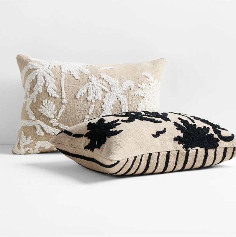 Praia Reversible Embroidered Palm Tree Striped 22"x15" Arctic Ivory Throw Pillow with Down-Alternative Insert