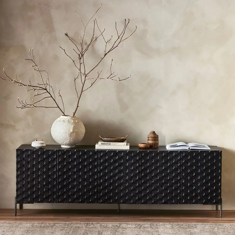 Raffael 82" Black Carved Wood Storage Media Console
