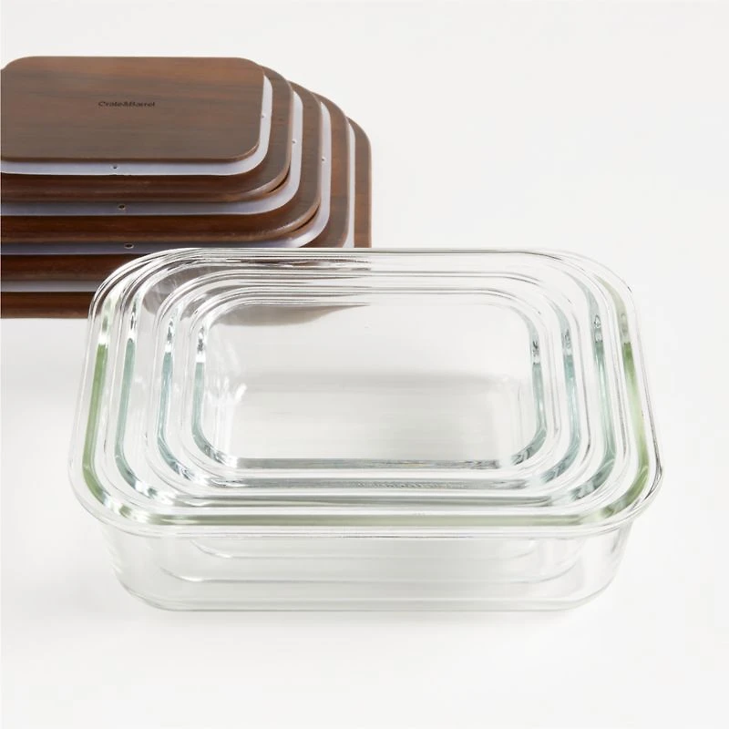 8-Piece Rectangular Glass Food Storage Container Set with FSC-Certified Dark Acacia Wood Lids