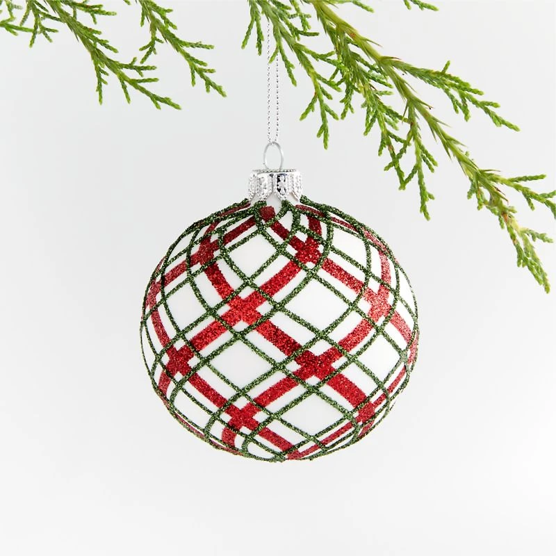 Red and Green Glitter Plaid White Glass Ball Christmas Tree Ornament