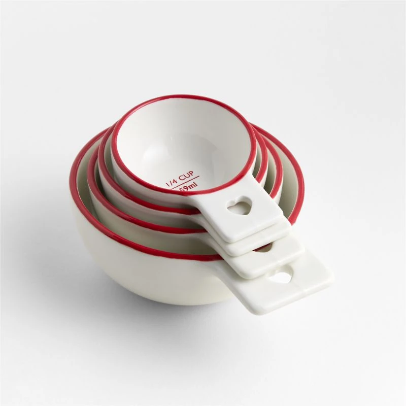 Red Rim Heart Handle Ceramic Measuring Cups, Set of 4