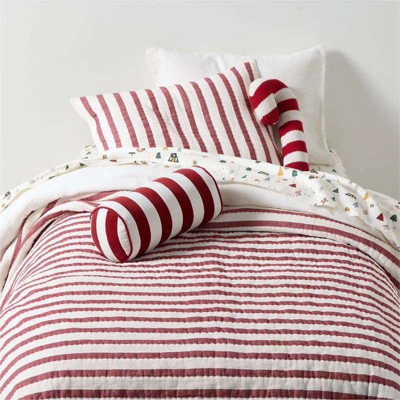 Red and White Harriet Stripe Velvet Kids Bolster Pillow