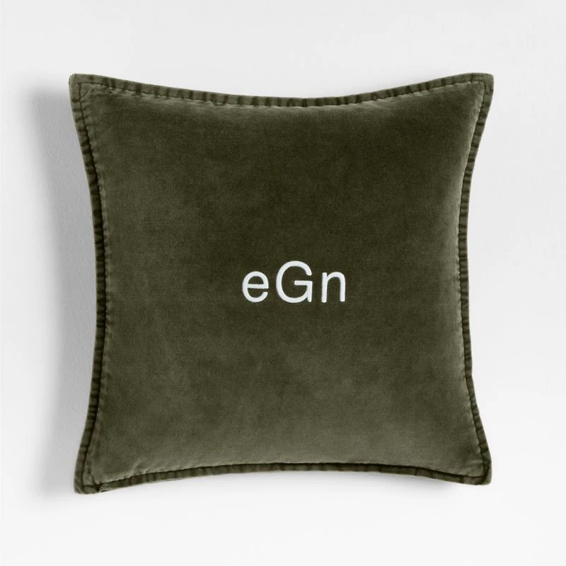 Relaxed Washed Organic Cotton Velvet 20"x20" Burnt Green Throw Pillow with Feather Insert