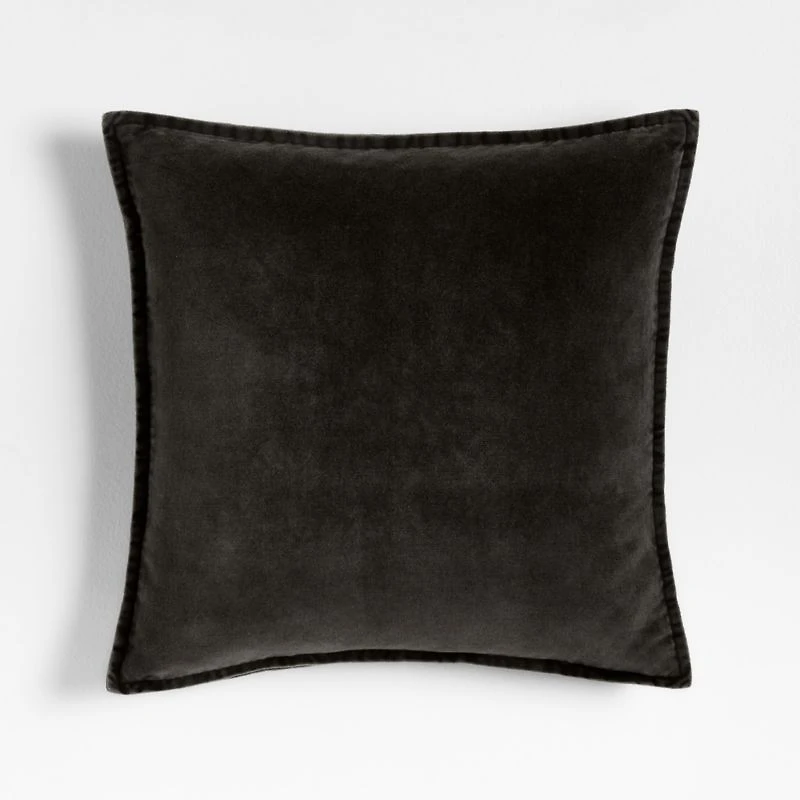 Relaxed Washed Organic Cotton Velvet 20"x20" Ink Black Throw Pillow with Down-Alternative Insert