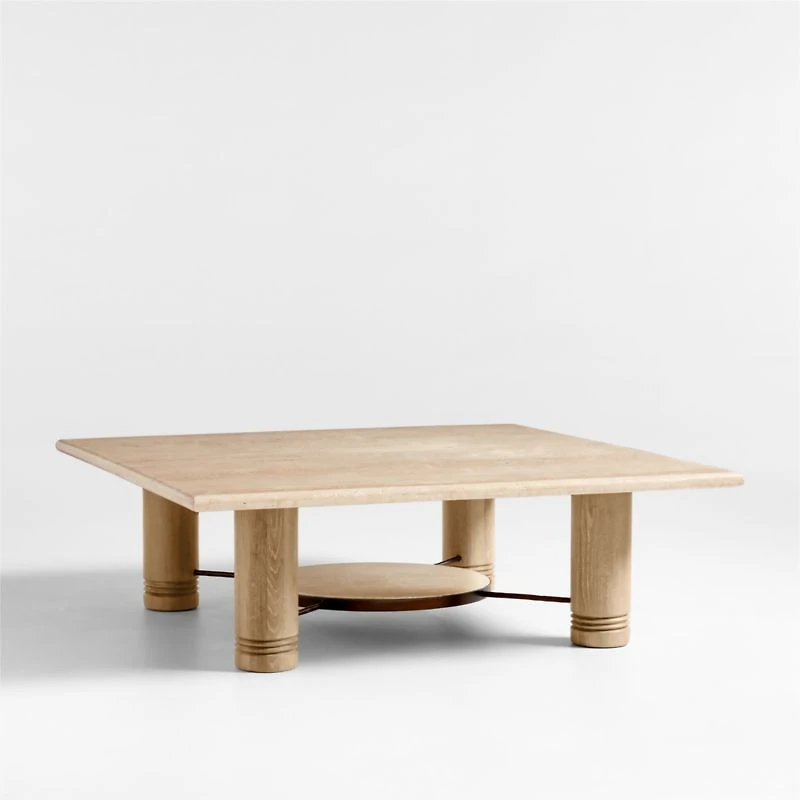 Revival Travertine and Oak Wood 45" Square Coffee Table with Shelf by Athena Calderone