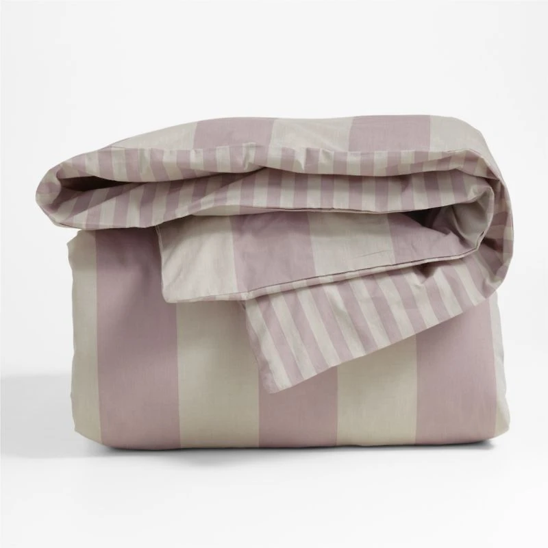 Riviera Plum Rose and Oatmeal Reversible Stripe Organic Cotton Kids Twin Duvet Cover