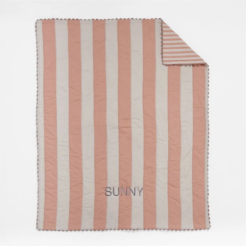 Riviera Terracotta Pink and Oatmeal Stripe Organic Cotton Reversible Baby Crib Quilt