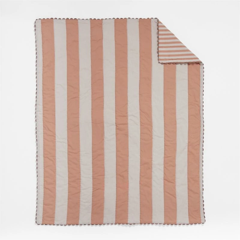 Riviera Terracotta Pink and Oatmeal Stripe Organic Cotton Reversible Baby Crib Quilt
