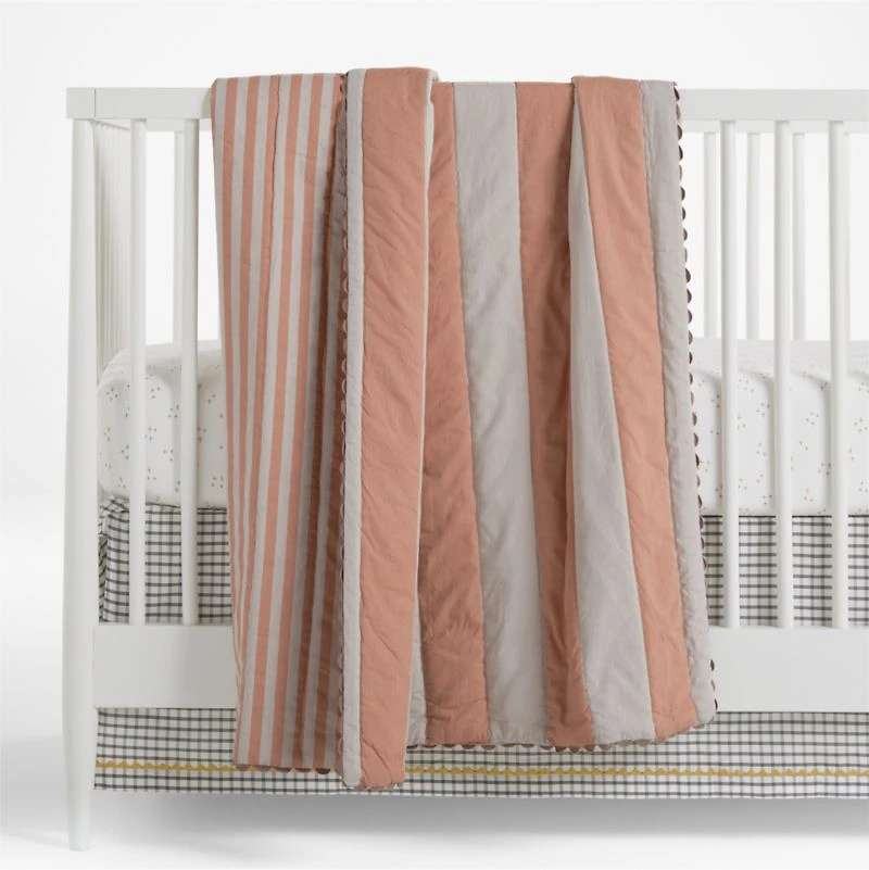 Riviera Terracotta Pink and Oatmeal Stripe Organic Cotton Reversible Baby Crib Quilt