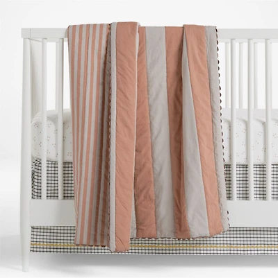 Riviera Terracotta Pink and Oatmeal Stripe Organic Cotton Reversible Baby Crib Quilt