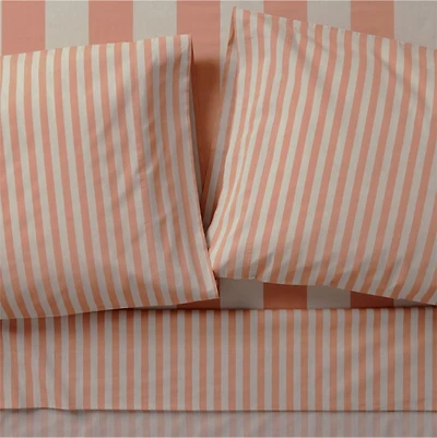 Riviera Terracotta Pink and Oatmeal Stripe Organic Cotton Kids Full Sheet Set