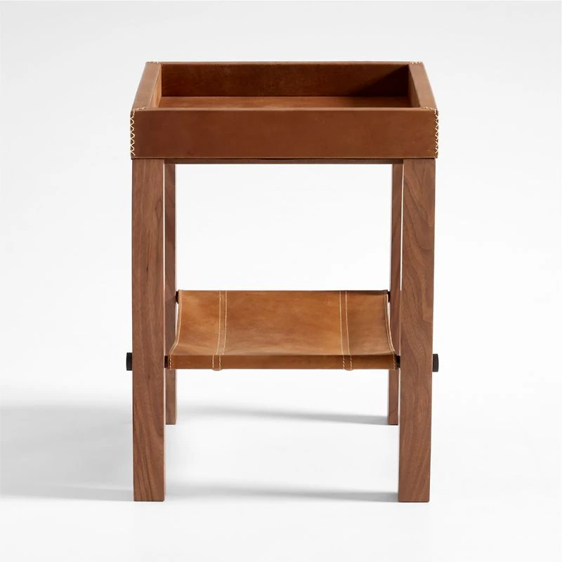 Shinola Runwell Leather and Wood End Table with Shelf