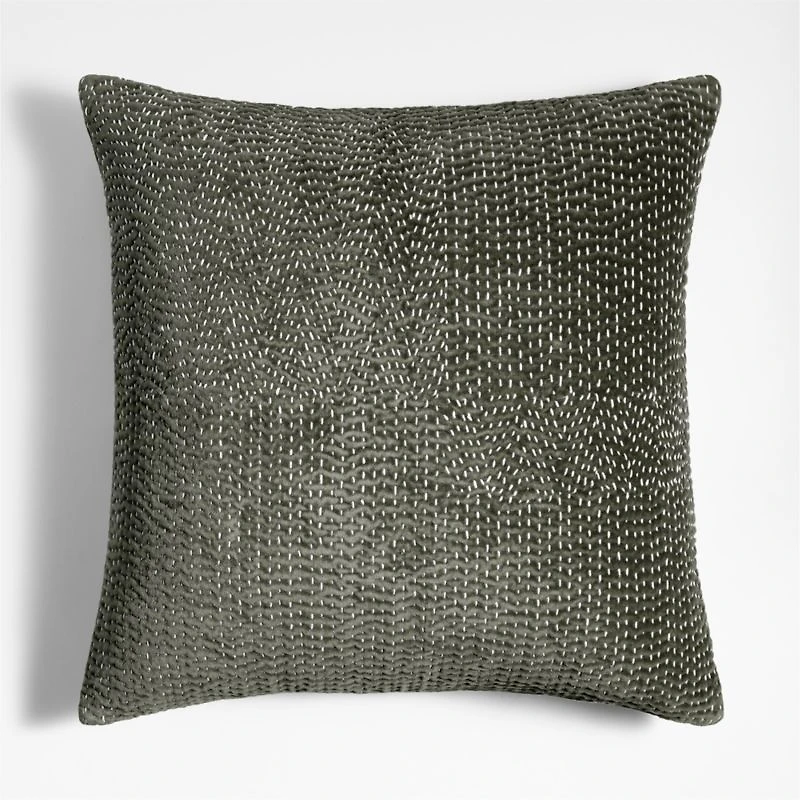 Sashiko Organic Cotton Velvet 20"x20" Burnt Green Throw Pillow Cover