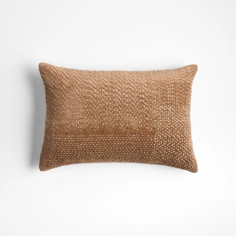 Sashiko Organic Cotton Velvet 22"x15" Camel Tan Throw Pillow with Feather Insert