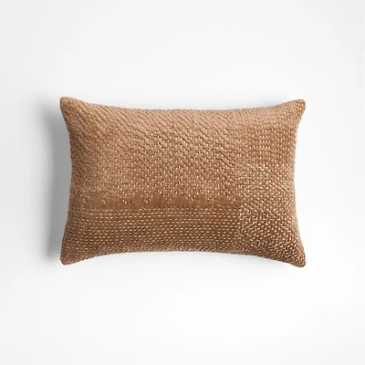 Sashiko Organic Cotton Velvet 22"x15" Camel Tan Throw Pillow with Feather Insert