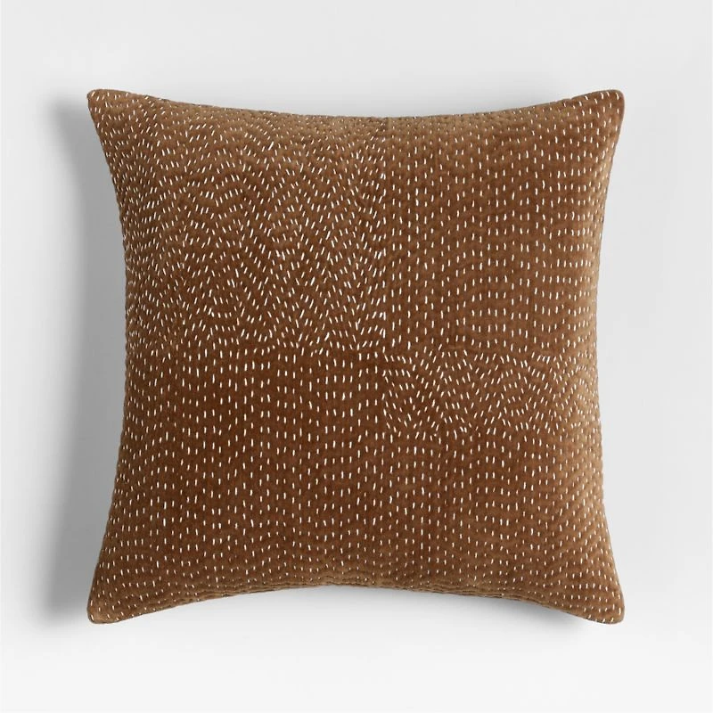 Sashiko Organic Cotton Velvet 20"x20" Chocolate Brown Throw Pillow with Feather Insert