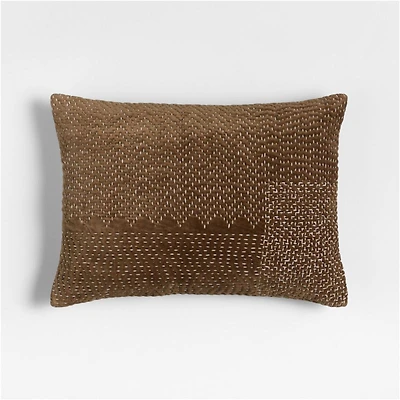 Sashiko Organic Cotton Velvet 22"x15" Chocolate Brown Throw Pillow with Feather Insert