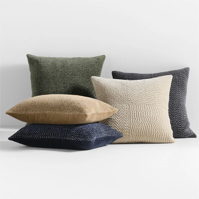 Sashiko Organic Cotton Velvet 20"x20" Storm Grey Throw Pillow Cover