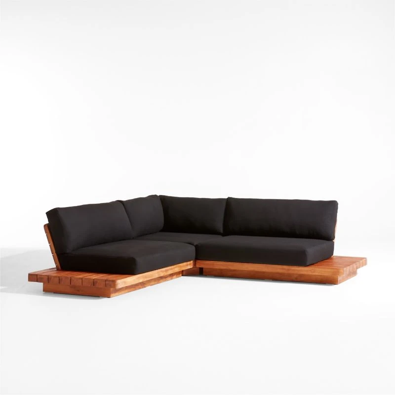 Shinola Runwell 3-Piece Teak Outdoor Sectional with Black Cushions