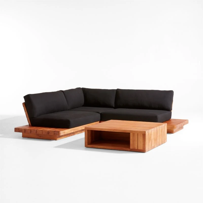 Shinola Runwell 3-Piece Teak Outdoor Sectional with Black Cushions