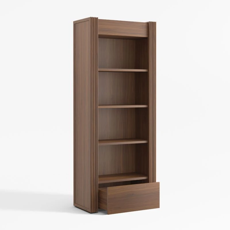 Siena 34" Walnut Wood 4-Shelf Storage Bookcase with Drawer
