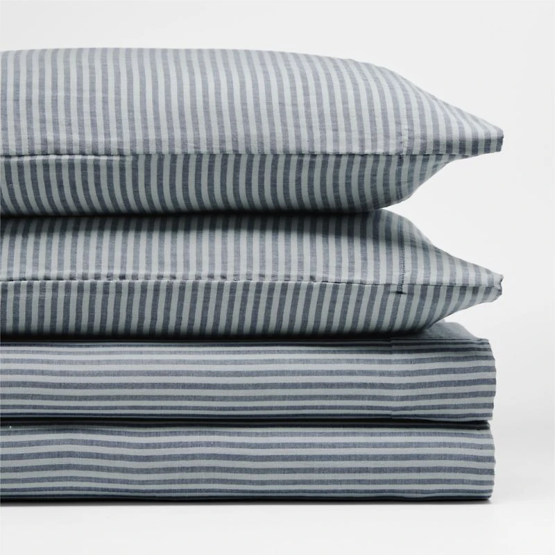 Supersoft Striped Deep Indigo Organic Cotton Gauze Kids Queen Sheet Set