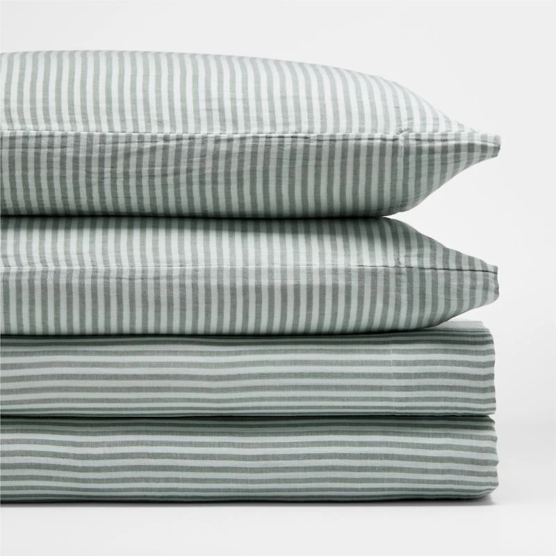 Supersoft Striped Pine Green Organic Cotton Gauze Kids Queen Sheet Set