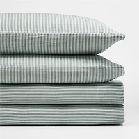 Supersoft Striped Pine Green Organic Cotton Gauze Kids Queen Sheet Set