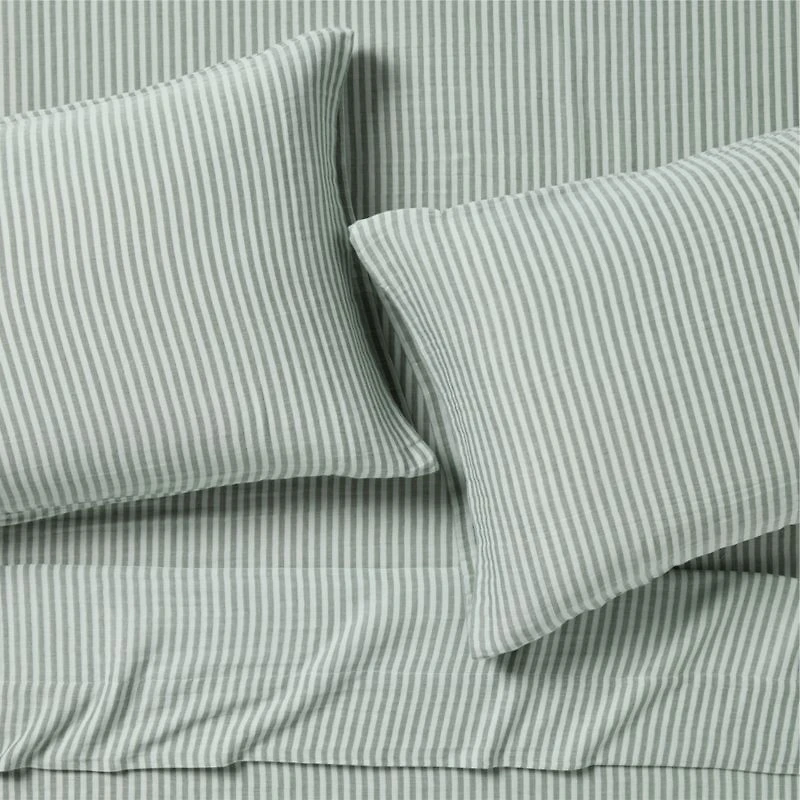 Supersoft Striped Pine Green Organic Cotton Gauze Kids Queen Sheet Set