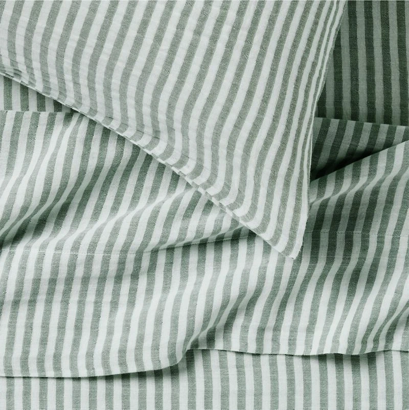 Supersoft Striped Pine Green Organic Cotton Gauze Kids Queen Sheet Set