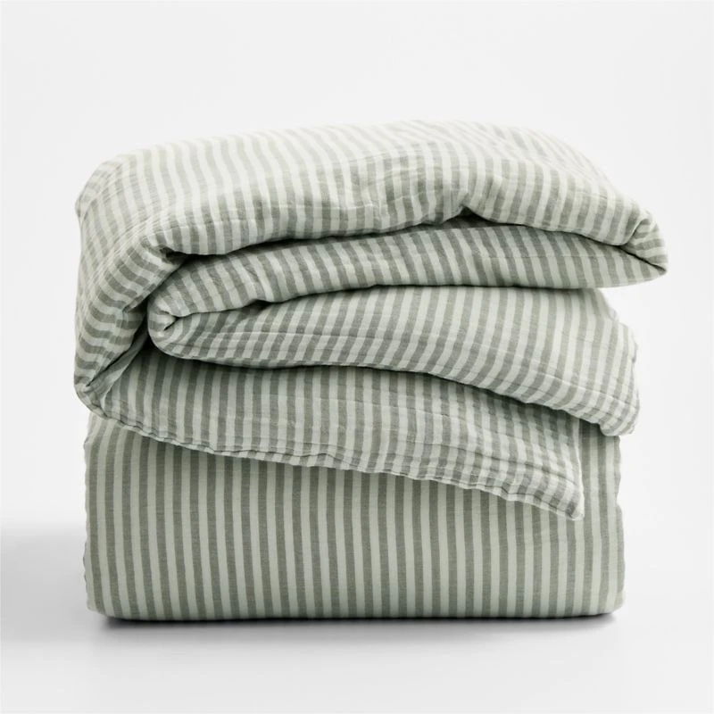 Supersoft Striped Pine Green Organic Cotton Gauze Kids Full/Queen Duvet Cover