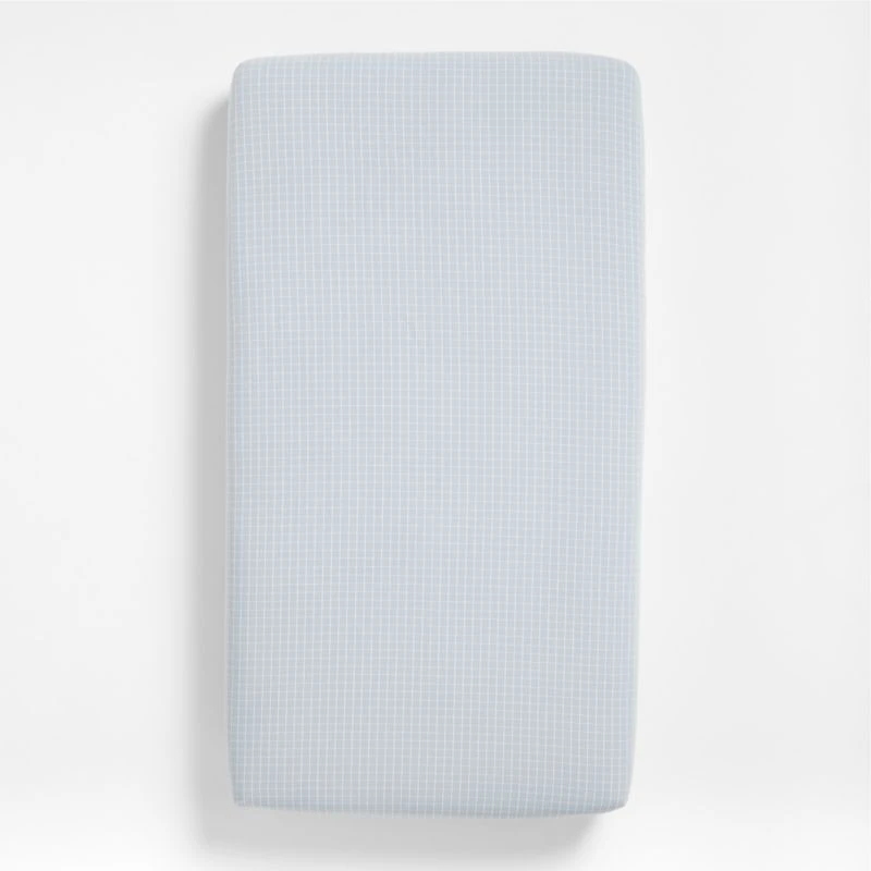 Stax Mini Grid Mist Blue Yarn-Dyed Organic Cotton Baby Crib Fitted Sheet