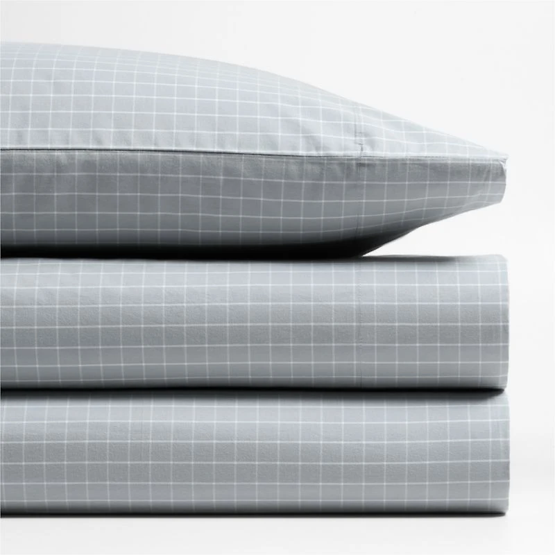 Stax Mini Grid Mist Blue Yarn-Dyed Organic Cotton Kids Twin Sheet Set