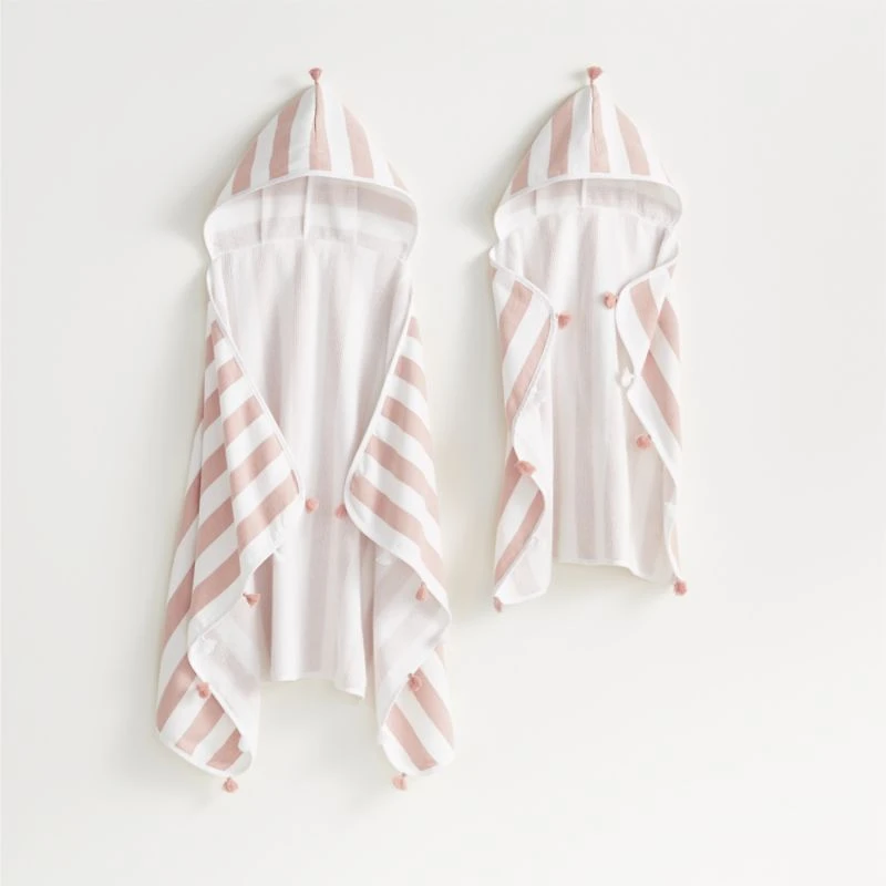 Pink Striped Organic Turkish Kids Hooded Towel with Tassels