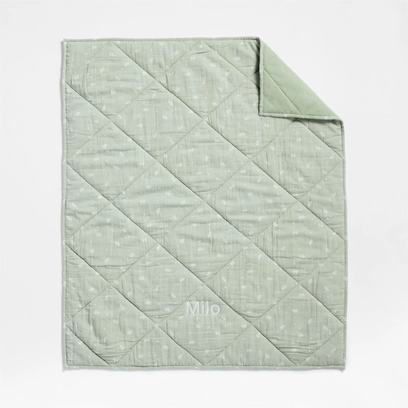 Supersoft Muted Teal Leaf Print Organic Cotton Gauze Baby Crib Quilt